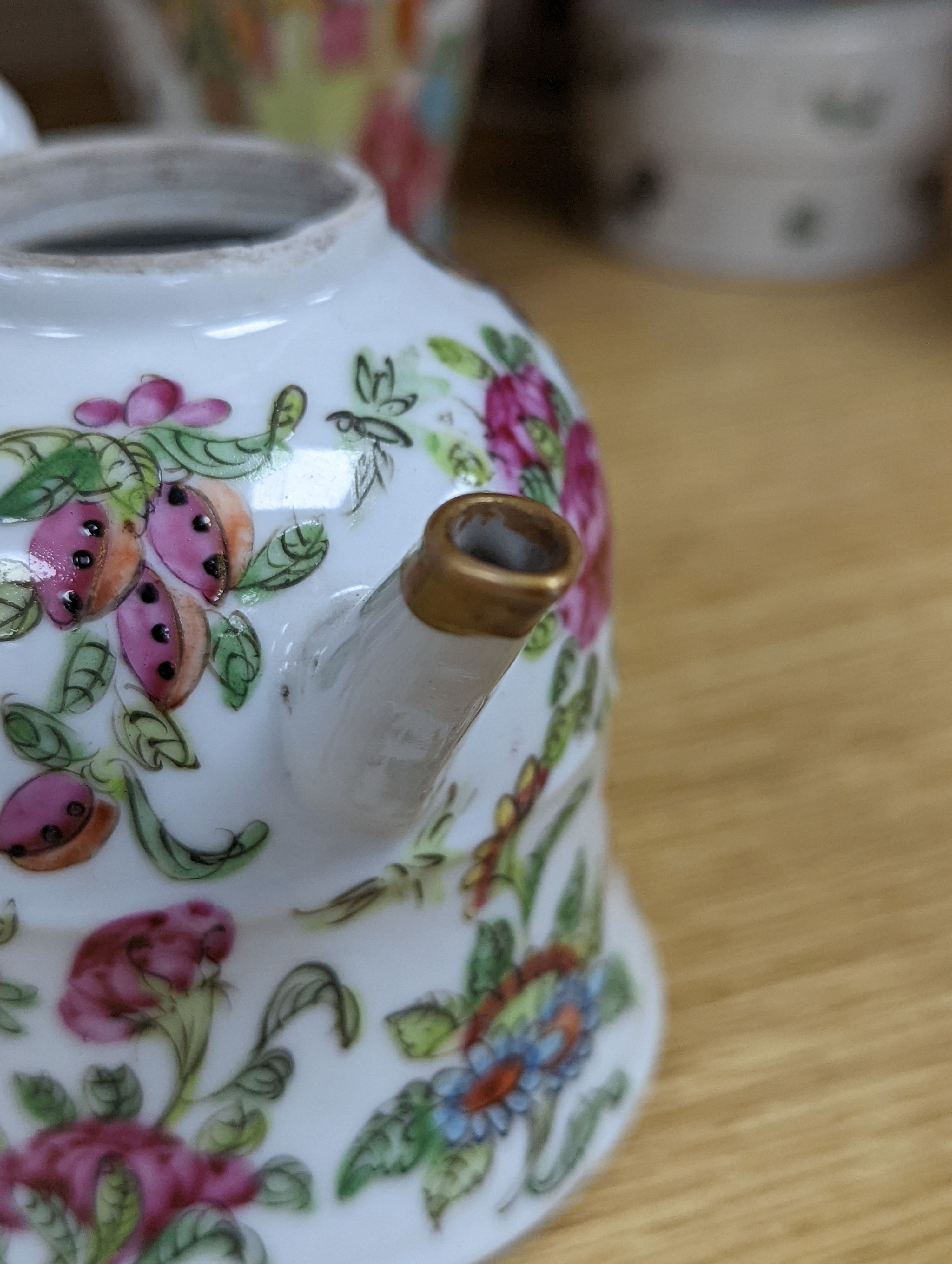 A group of Chinese famille rose vases and jars, a box and cover and a teapot, 19th/20th century, Pair of vases 13 cms high.